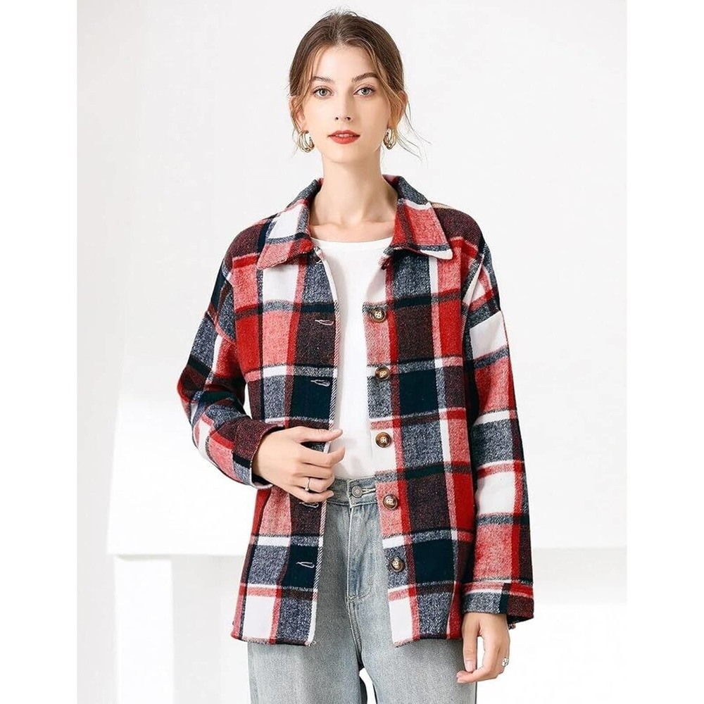NWT! - Women's Boyfriend Wool Blend Plaid Shirt Button Down Loose Shacket Size L